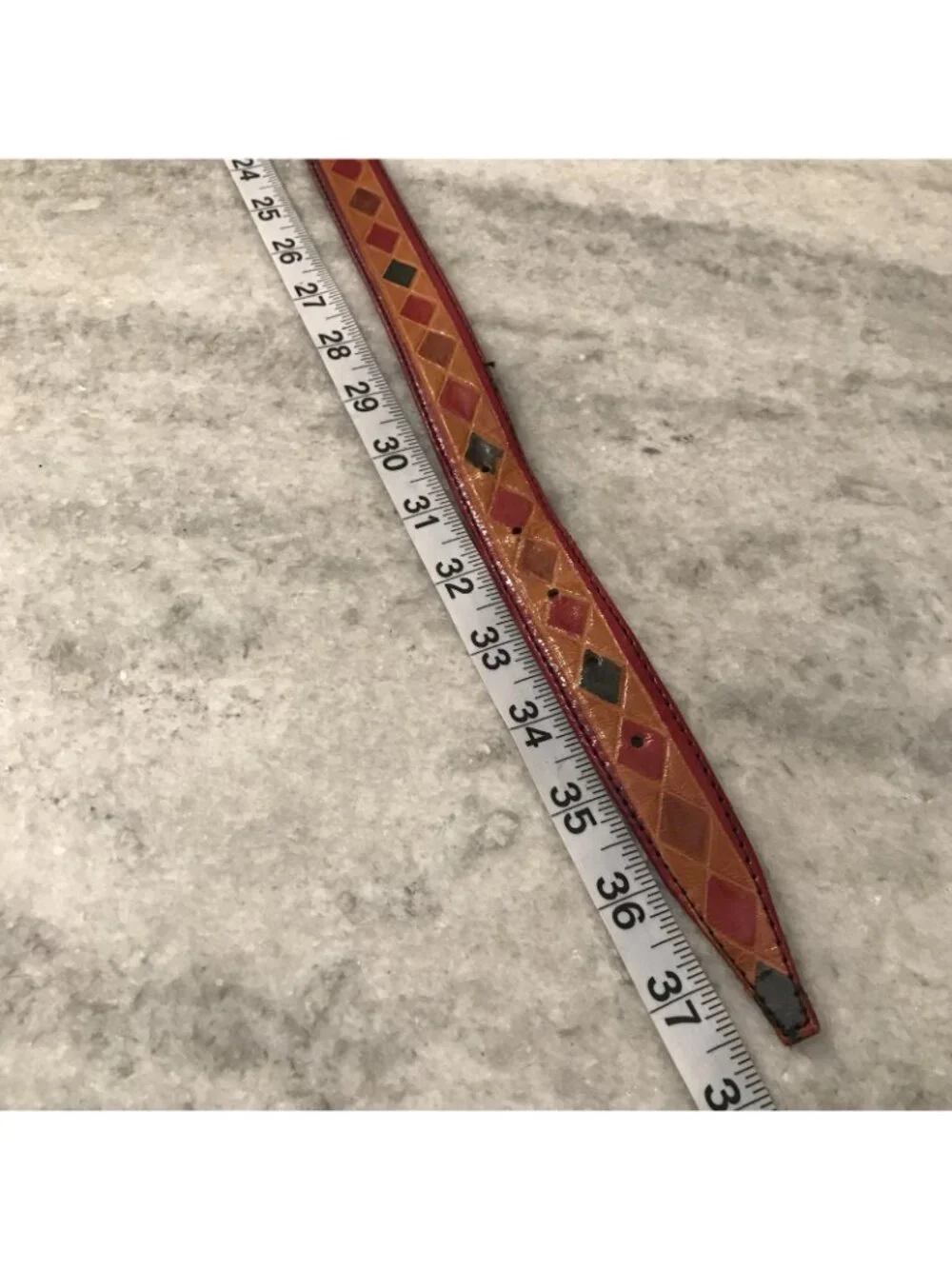 Leather Belt Womens 34 Red Tan Argyle Diamond Pattern Gold Tone Buckle Narrow